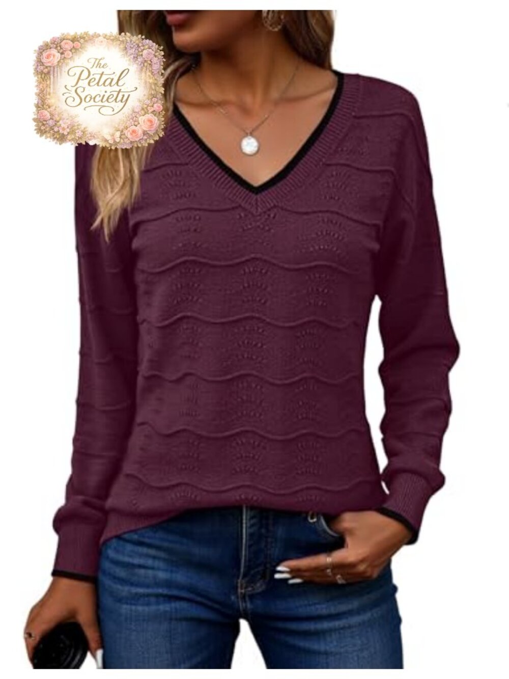 Womens V Neck Crochet Ribbed Knit Pullover Sweater Long Sleeve Lightweight